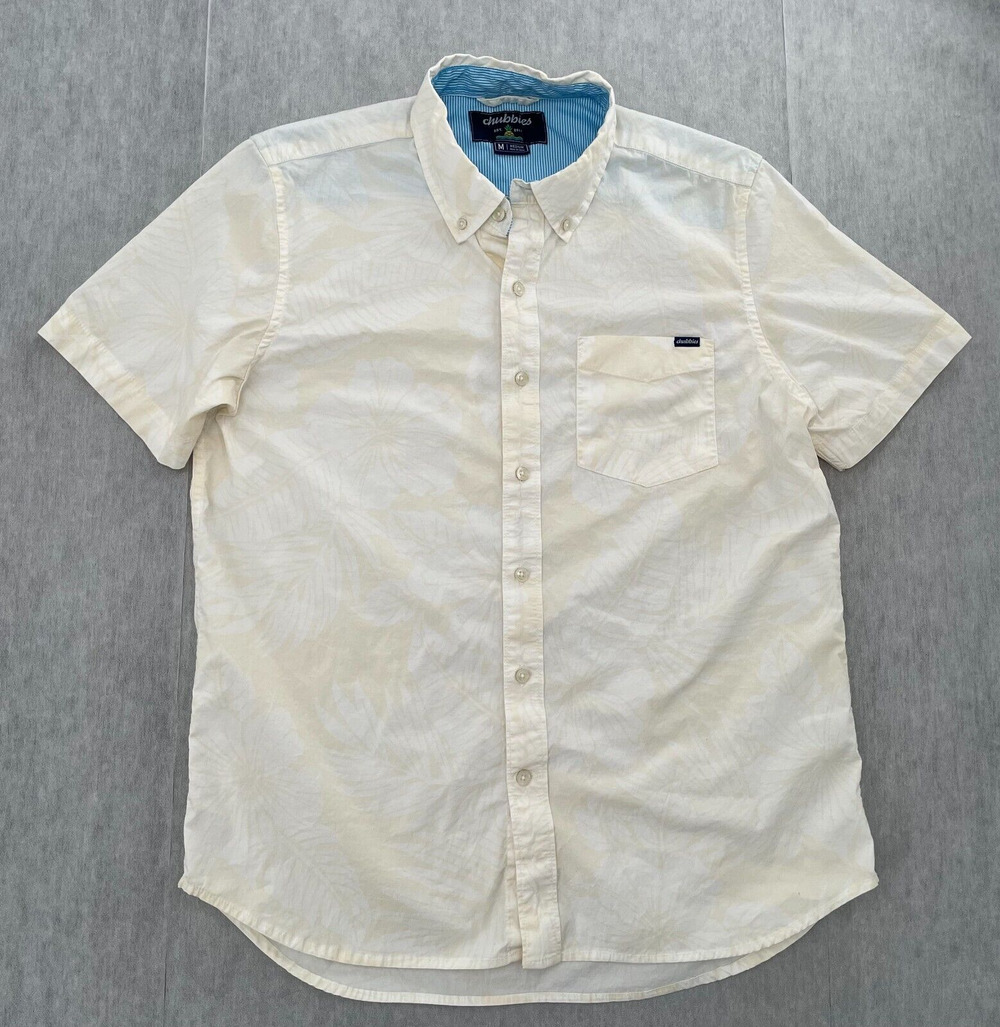 Chubbies Shirt Adult Medium White Tan Floral Button Up Short Sleeve Pocket Men M